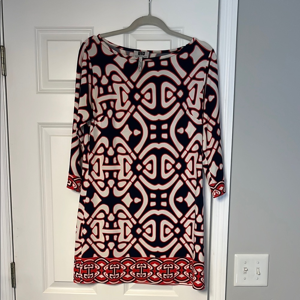 Laundry by Design Blue and orange/red Sheath Dress 3/4 Sleeve Midi